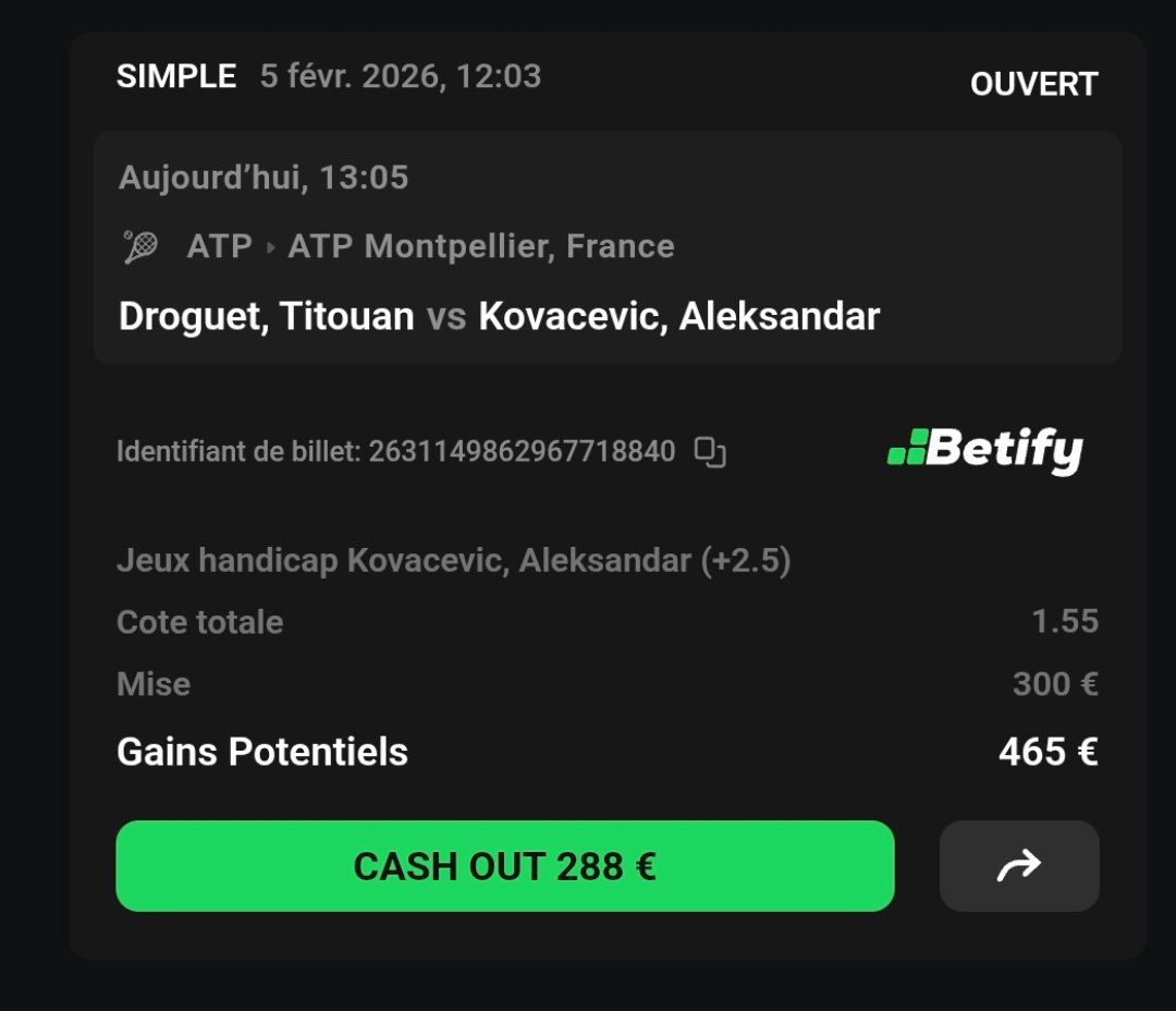 🎾🇫🇷 Droguet vs Kovacevic : Kovacevic Handicap +2,5 jeux <a href="/1/">1</a>,55🔥🌵

10€ en Paysafecard à gagner 🎁 

Commente ❤️ / 🔄

🔐 Mon VIP a 0,99€  👉 sub-starter.com/fr/cactusprono…

⚡️ S'inscrire sur Betify 👉 tinyurl.com/BETIFYOFFICIEL

#teamparieurs #betify