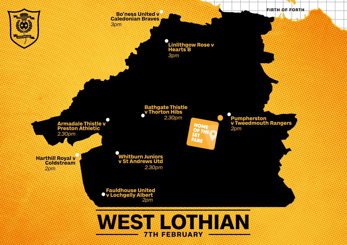 🗺️ #SupportLocal

<a href="/BonessUnited_FC/">Bo'ness United FC</a>, <a href="/LinlithgowRose/">Linlithgow Rose F.C.</a>, <a href="/bathgatethistle/">Bathgate Thistle FC</a>, <a href="/PumpherstonFc/">Pumpherston Fc</a>, <a href="/whitburnjunior/">WhitburnJunior</a>, <a href="/harthilljuniors/">Harthill Royal Juniors</a>, <a href="/FauldhouseFC/">Fauldhouse United</a> &amp; <a href="/DaleThistleFC/">Armadale Thistle F.C</a> are all at home on Saturday.

With no game for us, there’s still loads of games to take in! 💛