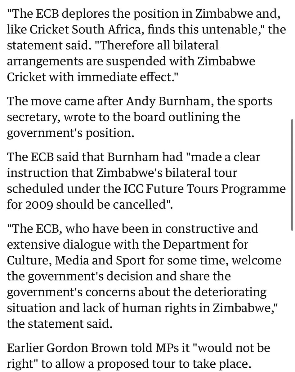 VatsRishap's tweet photo. No. Before Zimbabwe were forced out of the 2009 WC (in July 08), the ECB cut its ties with Zimbabwe cricket after having an “extensive consultation” with the British government for “some time”, saying they “shared government’s concern over the “lack of human rights in Zimbabwe”. https://t.co/QM9n1C4wvL