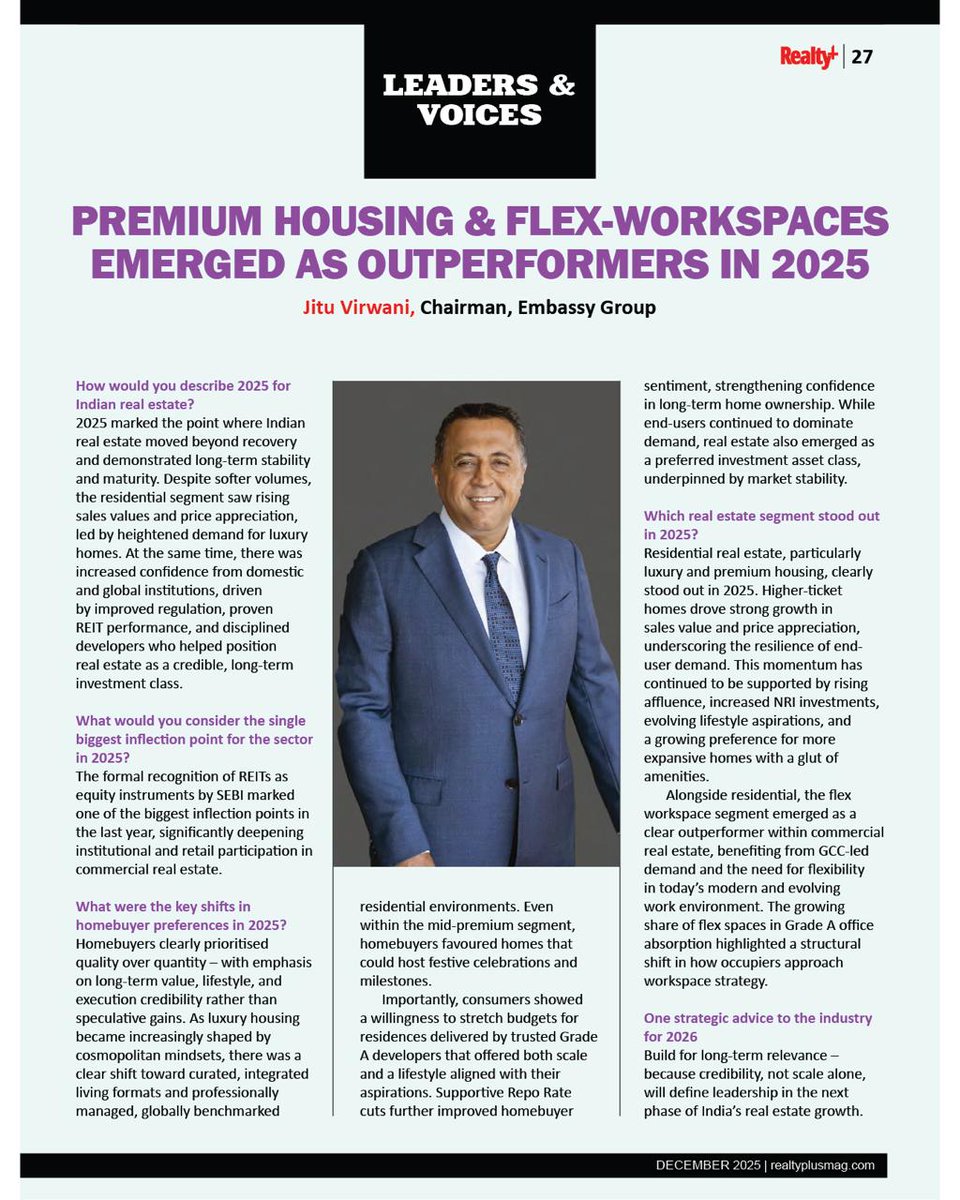 RPRealtyPlus's tweet image. “Premium housing and flex-workspaces emerged as the clear outperformers in 2025.” - Jitu Virwani, Chairman, Embassy Group
👉 Read the full article in the December 2025 issue:
🔗 rprealtyplus.com/magazine/decem…

#RealtyPlus #DecemberIssue #LeadersAndVoices #JituVirwani #EmbassyGroup