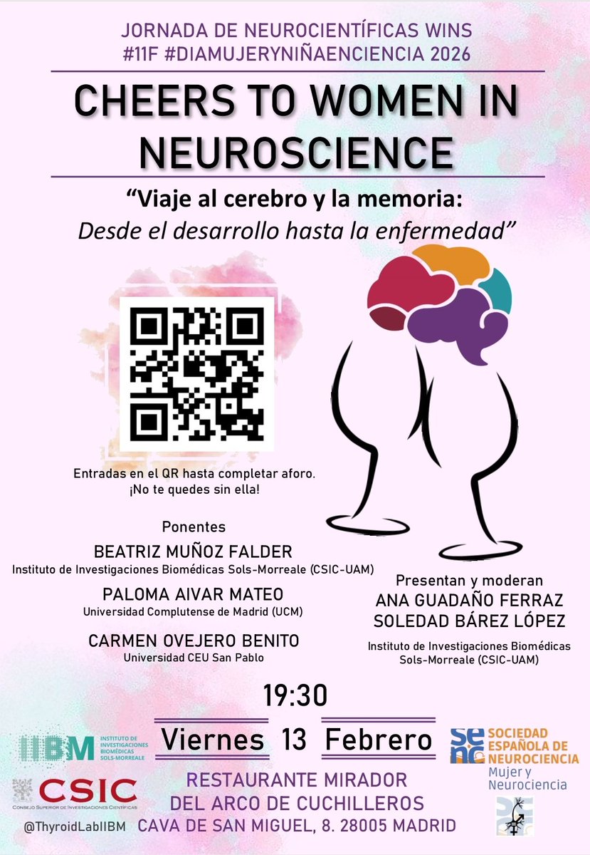 Mujer_SENC's tweet photo. Y desde el @IIBmCSICUAM, vuelven también a "Cheers" con "Viaje al cerebro y la memoria: Desde el desarrollo hasta la enfermedad". Organizado por @anaguadanof @solbarez @ThyroidLabIIBM .
Mirad que pedazo de cartel!
📍 Mirador del Arco de Cuchilleros (Madrid)
🗓️ 13/02 19:30 https://t.co/U69CIToIQq