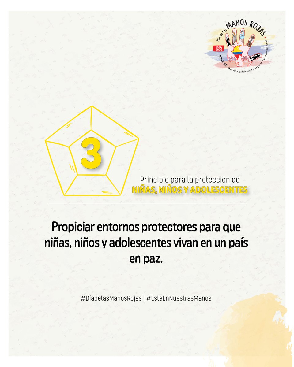 #EstáEnNuestrasManos, implementar estrategias efectivas para #Promover el cuidado de todas las personas menores de 18, especialmente en contextos de conflicto armado y violencias relacionadas.

 #DíadelasManosRojas <a href="/Plataforma3V/">Plataforma Colombiana Tres Voces</a>