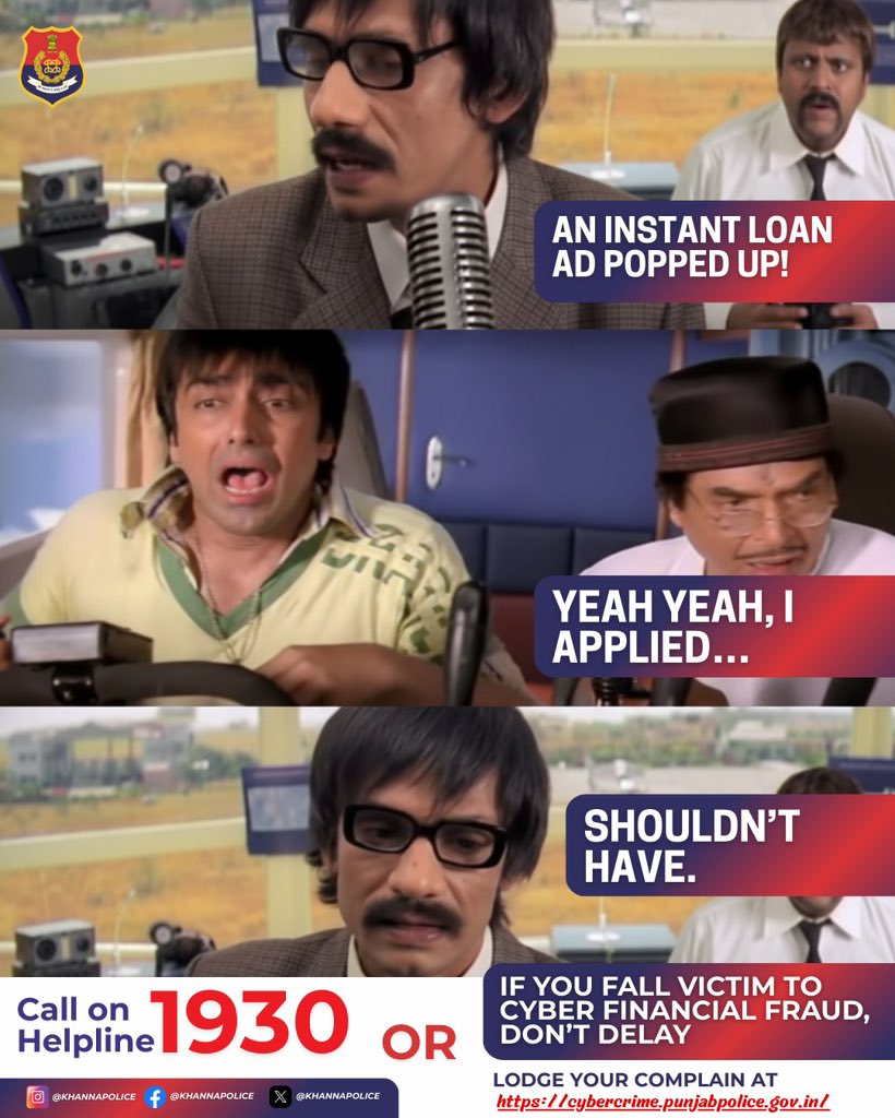 KhannaPolice's tweet image. Instant loan ads pop up everywhere.
In a hurry, you apply… and later regret it.
Think before you click. Easy money can lead to big trouble.

#LoanScamAlert #SmartDecisions #MoneySafety #StayAlert