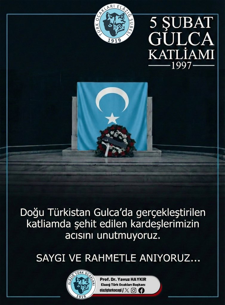 elazigturkocagi's tweet photo. Doğu Türkistan Gulca'da gerçekleştirilen katliamda şehit edilen kardeşlerimizin acısını unutmuyoruz.
Saygı ve Rahmetle anıyoruz. #gulcakatliamı @turkocaklari @Mehmetoztarih @YavuzHaykir https://t.co/ZqAGApC3So