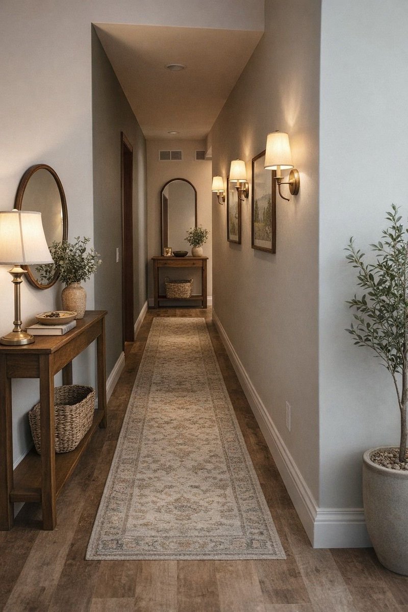 Interiorarchdes's tweet image. A cozy, well-lit hallway with a traditional farmhouse or rustic design aesthetic.