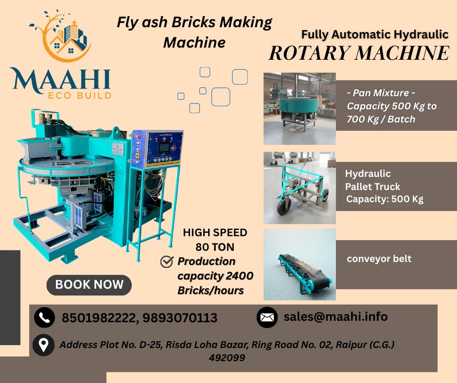 maahiecobuild's tweet image. Fly ash Bricks Making Machine

Fully Automatic Hydraulic
ROTARY MACHINE

#FlyAshBrickMachine #FlyAshBricks
#BrickMakingMachine #AutomaticBrickMachine
#BlockMakingMachine #PaverBlockMachine
#ConstructionMachinery  #IndustrialMachines
#RaipurBusiness #ChhattisgarhIndustry