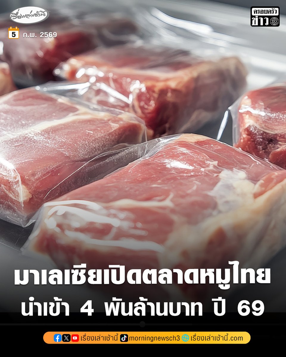 MorningNewsTV3's tweet photo. ข่าวดี มาเลเซียเปิดตลาดนำเข้าหมูไทย 4 พันล้านบาท ปี 69 หลังกรมปศุสัตว์เดินหน้าเชิงรุกเจรจาสำเร็จ หวังยกระดับราคา

อ่านข่าว : https://t.co/fZNLxlVEXB

#เรื่องเล่าเช้านี้ #ครอบครัวข่าว3 #ข่าวเศรษฐกิจ https://t.co/UFbE6B0mrt
