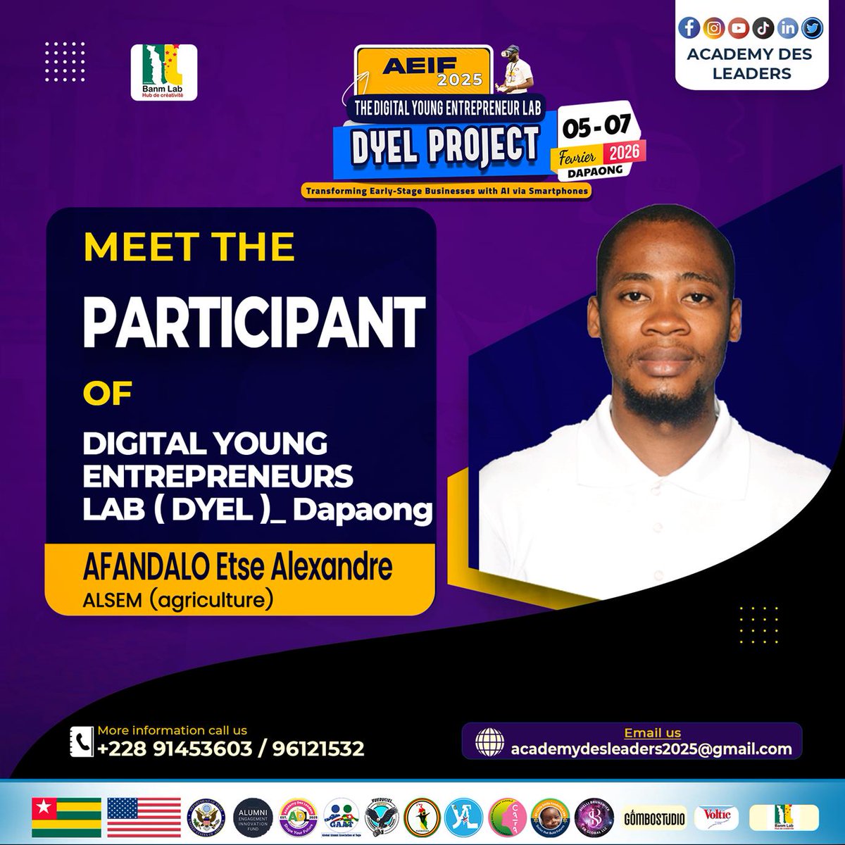 AcademyDesLeade's tweet photo. Meet the 10 entrepreneurs selected from 23 applicants for the Digital Young Entrepreneurs Labs (DYEL), Feb 05–07, 2026 in Dapaong 🇹🇬 Funded by the U.S. Embassy (#AEIF2025), the program builds digital &amp; business skills. Congrats to the future leaders of Savanes! Partners welcome. https://t.co/xeMC8aX4yQ