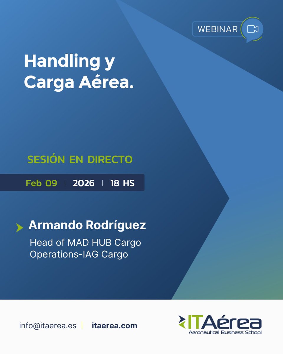📅 Nuevo Webinar 🌟 Handling y Carga Aérea.

📅 09/02/2026
🕧 18.00 CET
🎓 Armando Rodríguez, Head of MAD HUB Cargo Operations-IAG Cargo

Solicita más información escribiendo a 📨 info@itaerea.es
