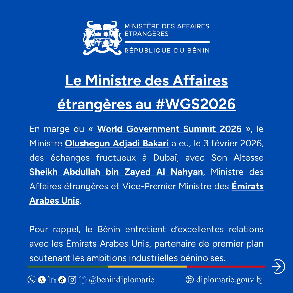 BeninDiplomatie's tweet photo. 🇧🇯🫱🏿‍🫲🏽🇦🇪#MAE_Actu | 03 février 2026
#BeninDiplomatie #MofaUAE #WGS2026 https://t.co/tVlJjkeZob