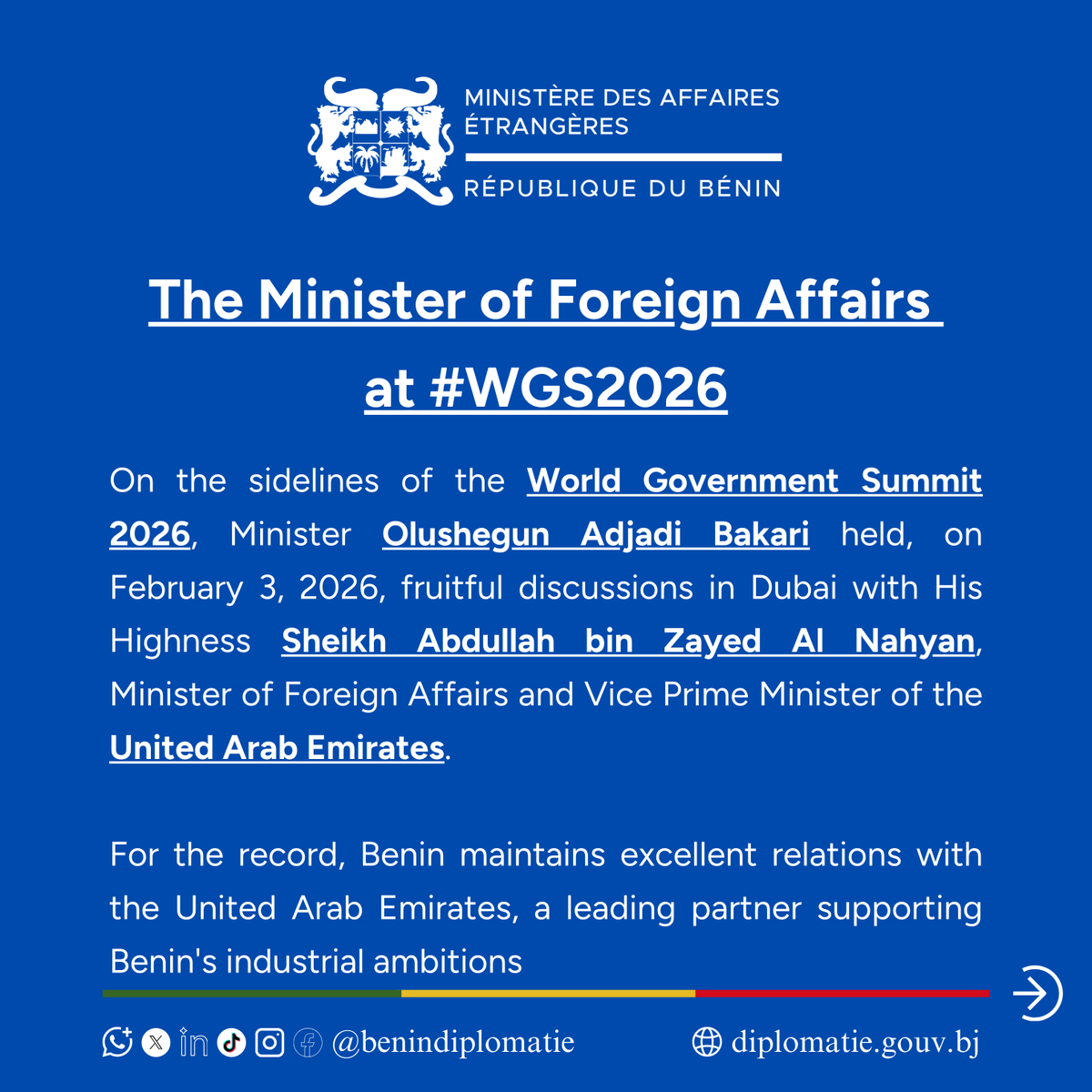 BeninDiplomatie's tweet photo. 🇧🇯🫱🏿‍🫲🏽🇦🇪#MAE_Actu | 03 février 2026
#BeninDiplomatie #MofaUAE #WGS2026 https://t.co/tVlJjkeZob