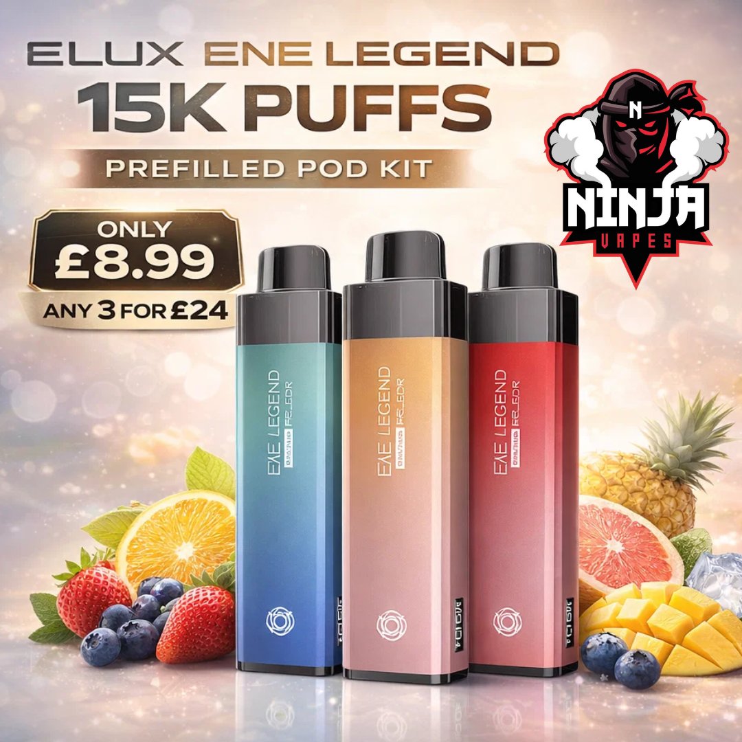 NinjaVapesuk's tweet image. Elux ENE Legend 15K Puffs Prefilled Pod Kit | Only £8.99 | Any 3 for £24
.
Upgrade your vape with the Elux ENE Legend 15K – a high-capacity prefilled pod kit for longer use, rich flavour, smooth.
.
ninja-vapes.co.uk/product/elux-e…
.
#elux #enelegend #prefilledpodkit #vapeuk #ninjavapesuk