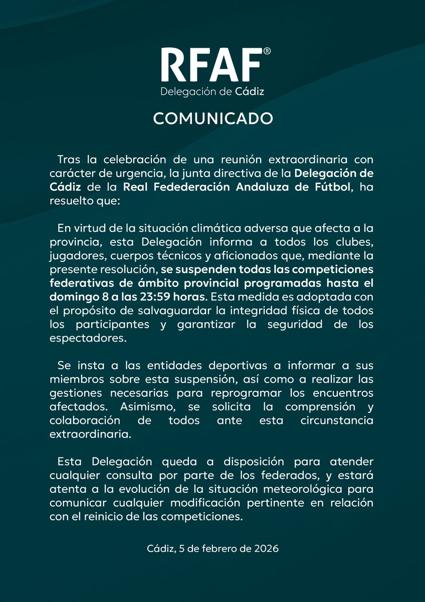 🟢 Comunicado Oficial
🛑 Suspensión de las competiciones provinciales #RFAFCádiz

Gracias por la atención.

#RFAFCádiz
#IdentidadGaditana