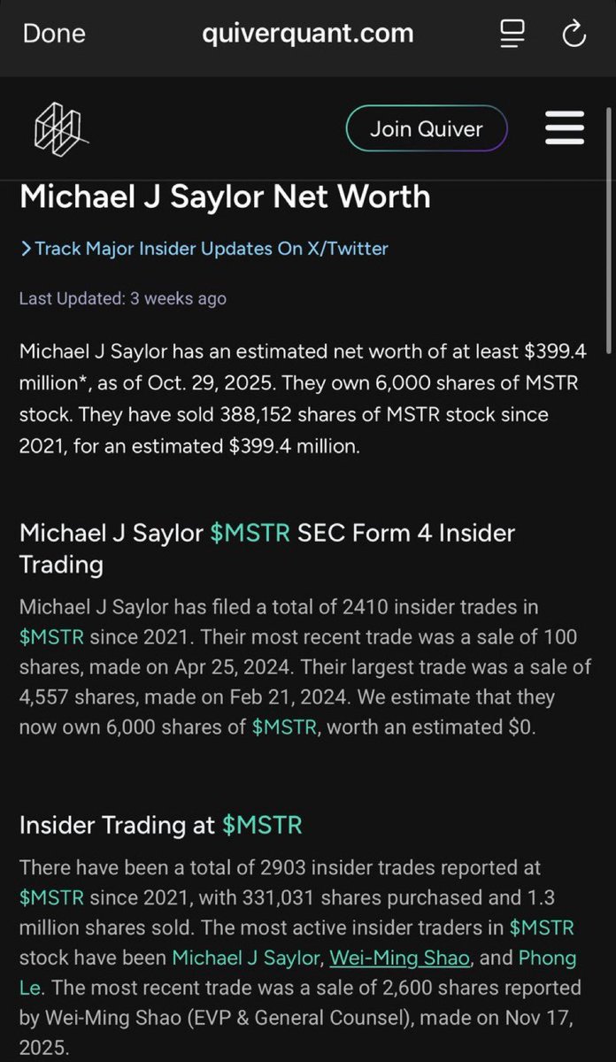 Reminder to $MSTR shareholders 👉 Saylor is not the bag holder, you are.

…he already dumped $400M of his own shares (plus a not improbable chance he sold his personal Bitcoin stash to the company at a premium)

He’s set for life even if it all goes to $0. Are you?
