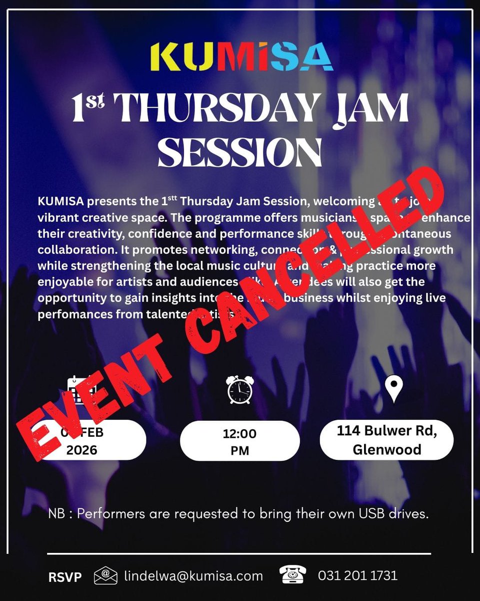 KUMISA_Network's tweet photo. IMPORTANT NOTICE 🚨🔔1st Thursday Music Business Seminar Cancelled and Office is Closed ⚠️

Due to an unexpected cable fault that has left our office without electricity, we regret to inform you that today’s 1st Thursday Music Business Seminar has been cancelled.

#KUMISA https://t.co/KzFd27F4kC