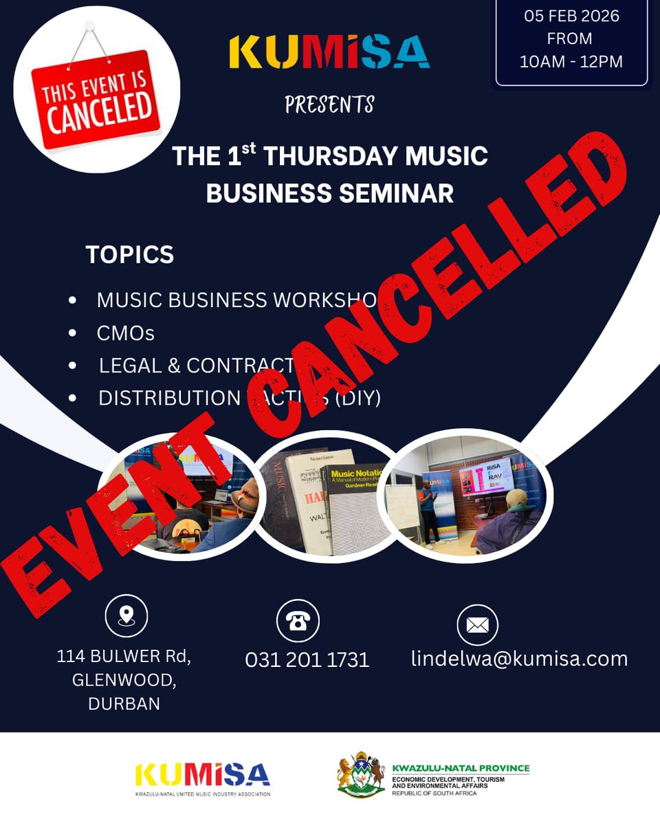 KUMISA_Network's tweet photo. IMPORTANT NOTICE 🚨🔔1st Thursday Music Business Seminar Cancelled and Office is Closed ⚠️

Due to an unexpected cable fault that has left our office without electricity, we regret to inform you that today’s 1st Thursday Music Business Seminar has been cancelled.

#KUMISA https://t.co/KzFd27F4kC