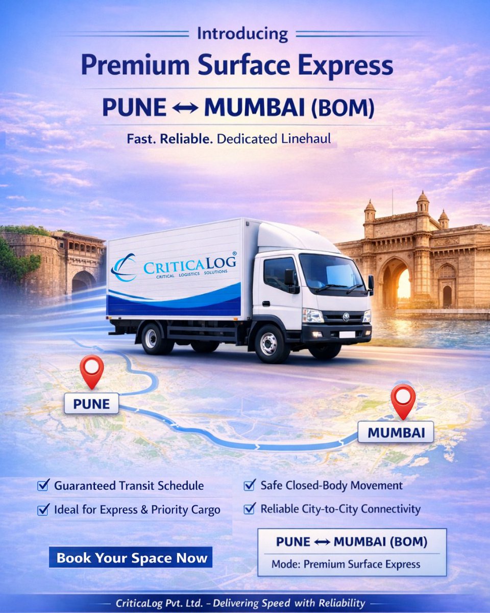 CriticaLog's tweet photo. @CriticaLog India Private Limited is proud to introduce our Premium Surface Express service connecting Pune and Mumbai, designed to meet the growing demand for faster, safer, and more reliable city-to-city logistics.

📍 Route: Pune ↔ Mumbai (BOM)

#PremiumSurfaceExpress https://t.co/9u85ffjhj6