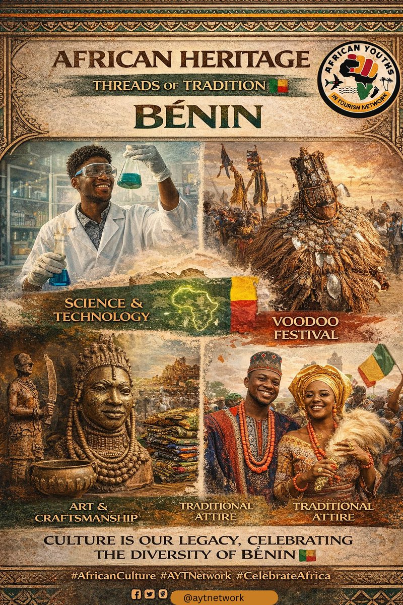 AYTNETWORK's tweet photo. Culture is our legacy. ��✨
Today, we journey into Bénin 🇧🇯, where ancient wisdom, vibrant festivals, artistic mastery, and innovation are woven into everyday life.

#ThreadsOfTradition #AfricanHeritage #BeninCulture #Africa
#AYTNetwork #travel #CultureAndInnovation https://t.co/p9OlAV2crG