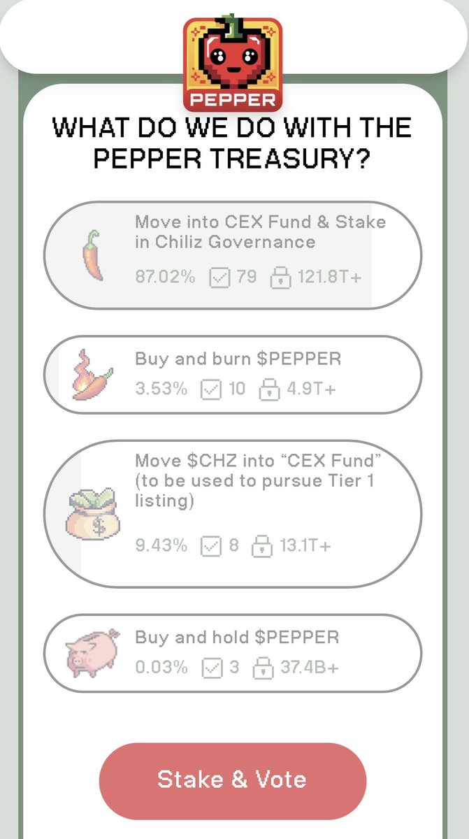 🌶️ Final Call, #PepperPeople! 🌶️

We are entering the final hours of the $PEPPER DAO vote! ⏳

Currently, the option to "Move into CEX Fund &amp; Stake in Chiliz Governance" is leading with a massive 87% dominance! 🔥

If you haven't cast your vote yet, this is your last chance to
