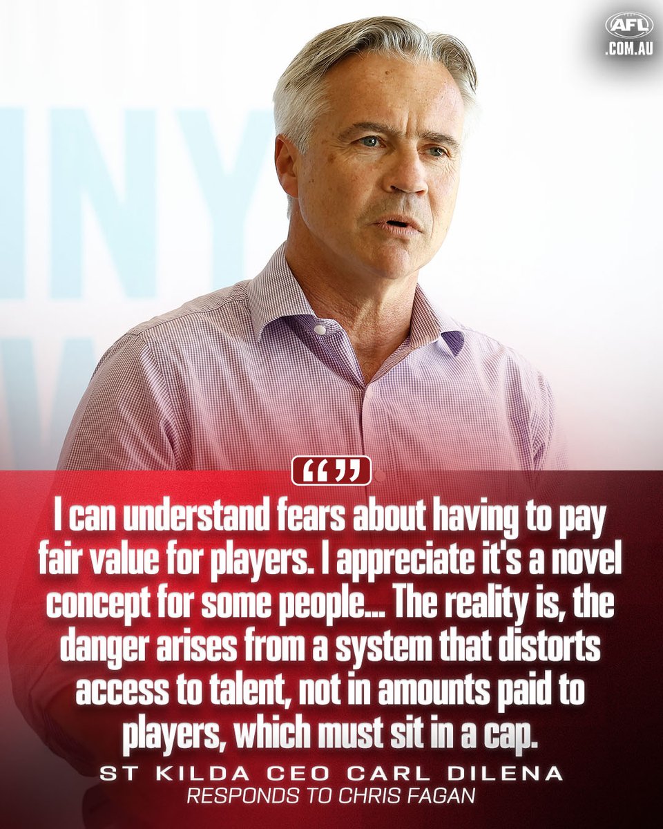 "I can understand fears about having to pay fair value for players. I appreciate it's a novel concept for some people."

Saints CEO Carl Dilena has fired back at Chris Fagan's suggestion the Saints' lucrative contracts pose a "danger" to the AFL.

Story 👉 afl.com.au/news/1463757