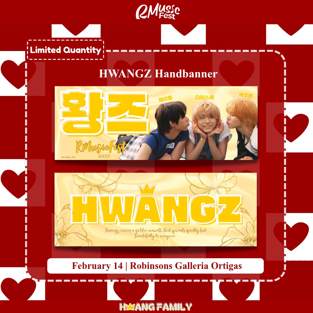hwangfam_files's tweet photo. 👑 HWANGFAM FAN SUPPORT [2026 R MUSIC FEST] 👑 

We’re beyond excited to share hwangfam’s fan support for RMusicFest this Feb 14 at Robinsons Galleria Ortigas.

To make this day even more special, we prepared a hand banner just for you. Each one is a small token of our support, meant to cheer, and celebrate together at the fest.

Please note that banners are very very limited. If you’re able to get one, please don’t forget to tag us @hwangfam_files and use #HWANGZ #황즈 so we can see your moments and share the love! 💛

Let’s fill RMusicFest with warmth, cheers, and Hwangz energy! 👑

#HWANGZ #황즈
#제이엘 #박주원 #다이스케 
#AHOF #아홉 @AHOF_official