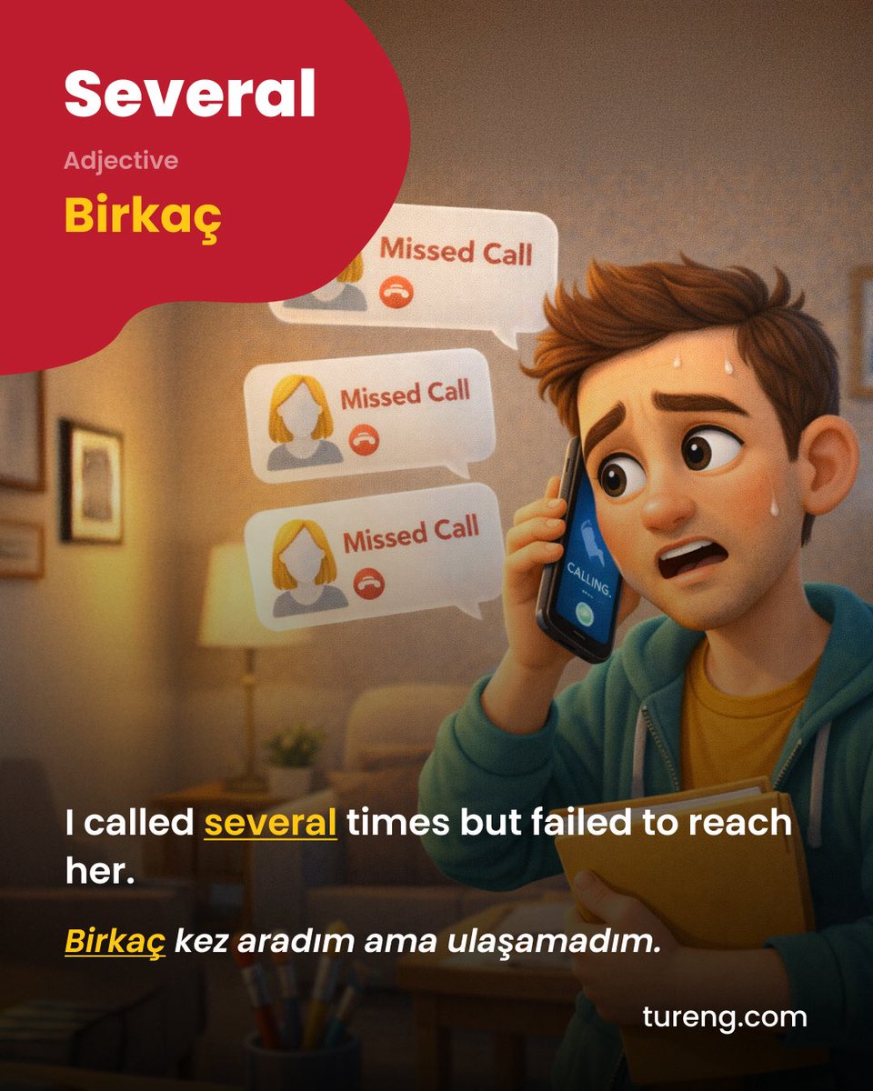 Several (pronoun) = Birkaç

🇬🇧 I called several times but failed to reach her.

#GününKelimesi #WordOfTheDay #Tureng #LearnEnglish