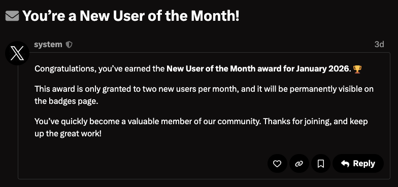 aModestDuck's tweet photo. It is an honor to be named one of the two new users of the month for January 2026 ❤️ https://t.co/YtFKvPoC95