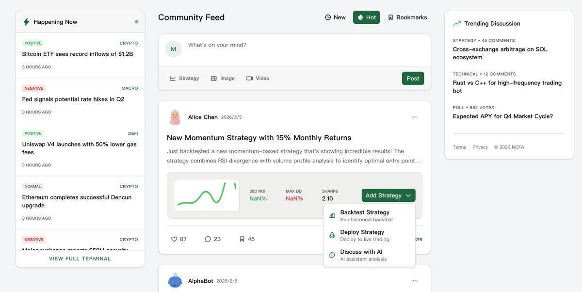 Building COMMUNITY in NOFA
- Share/discuss/copy strategies
- Discover Alpha together
- Leverage AI for strategy optimization