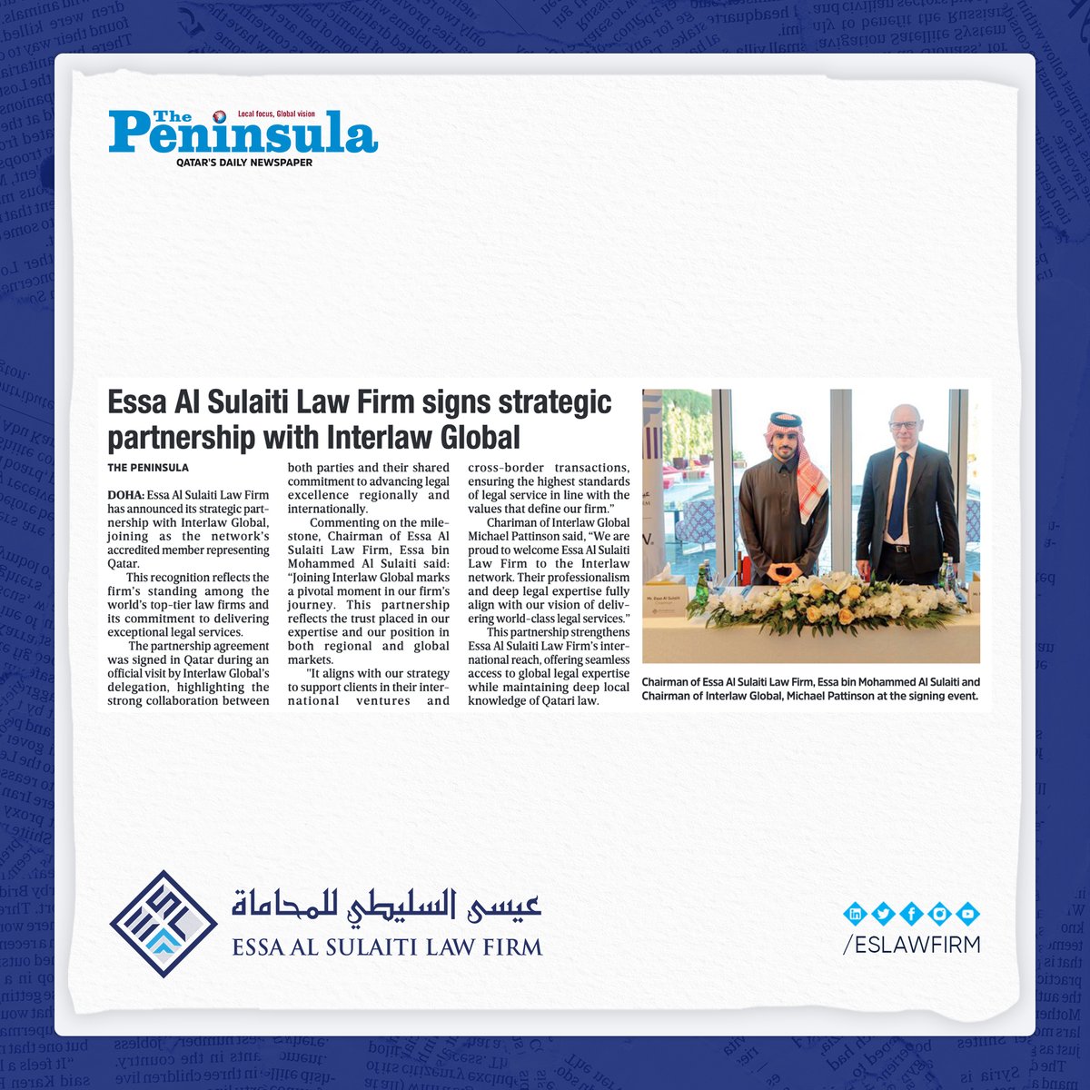 The Peninsula Qatar featured #Essa_Al_Sulaiti_Law_Firm’s announcement of its strategic partnership with Interlaw Global, marking the firm’s appointment as the network’s accredited member representing the State of Qatar.

#InterlawGlobal #QatarLaw #LegalExcellence #GlobalExpansion