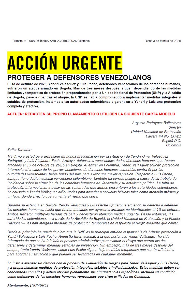 AmnistiaOnline's tweet image. 🚨Acción Urgente🚨
Los activistas venezolanos Yendri Velásquez y Luis Peche fueron víctimas de un intento de asesinato en Bogotá #Colombia, un crimen que aún no ha sido esclarecido por la @FiscaliaCol. Necesitan protección integral de la @UNPColombia. amn.st/6013hJBSN