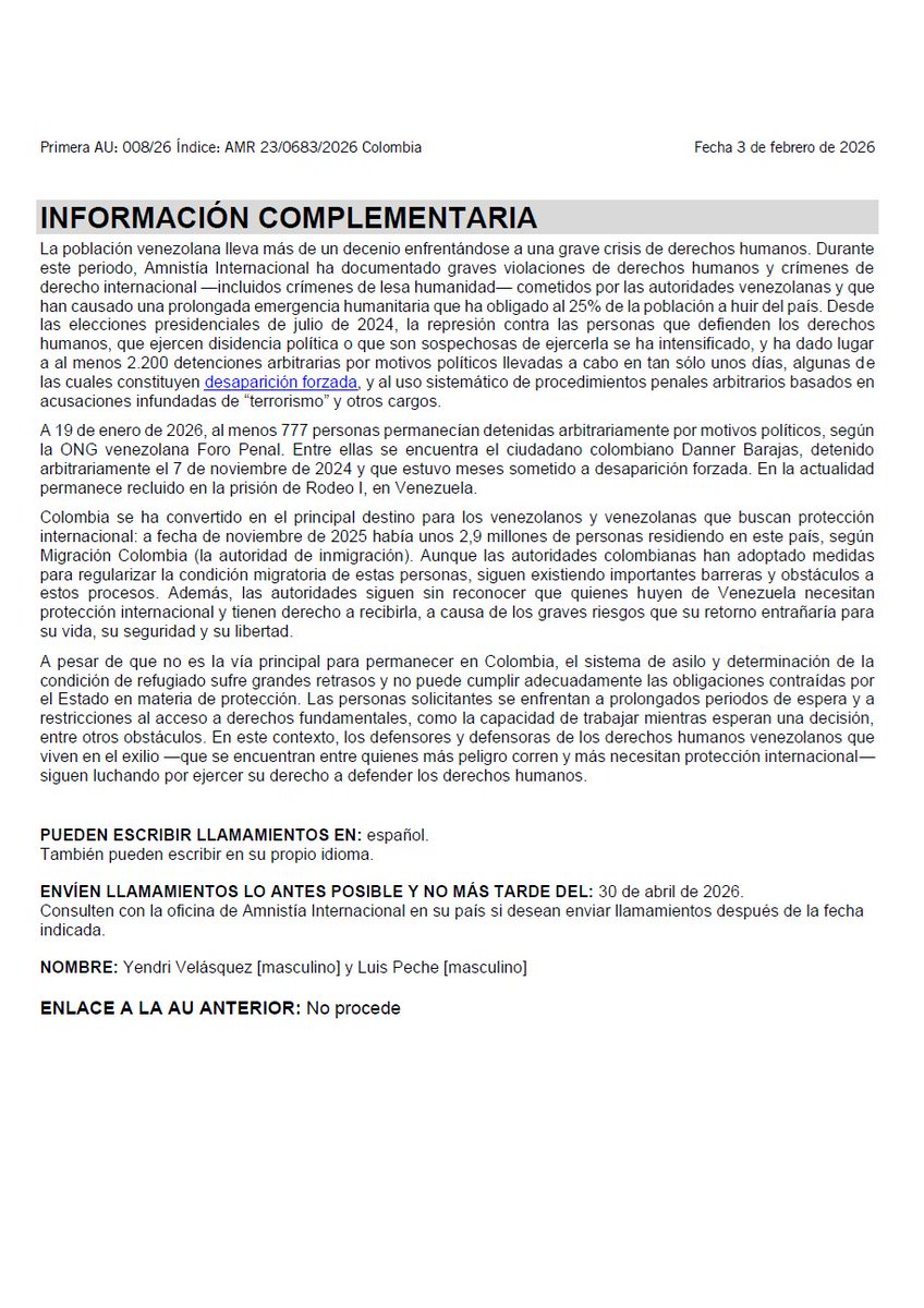 AmnistiaOnline's tweet image. 🚨Acción Urgente🚨
Los activistas venezolanos Yendri Velásquez y Luis Peche fueron víctimas de un intento de asesinato en Bogotá #Colombia, un crimen que aún no ha sido esclarecido por la @FiscaliaCol. Necesitan protección integral de la @UNPColombia. amn.st/6013hJBSN