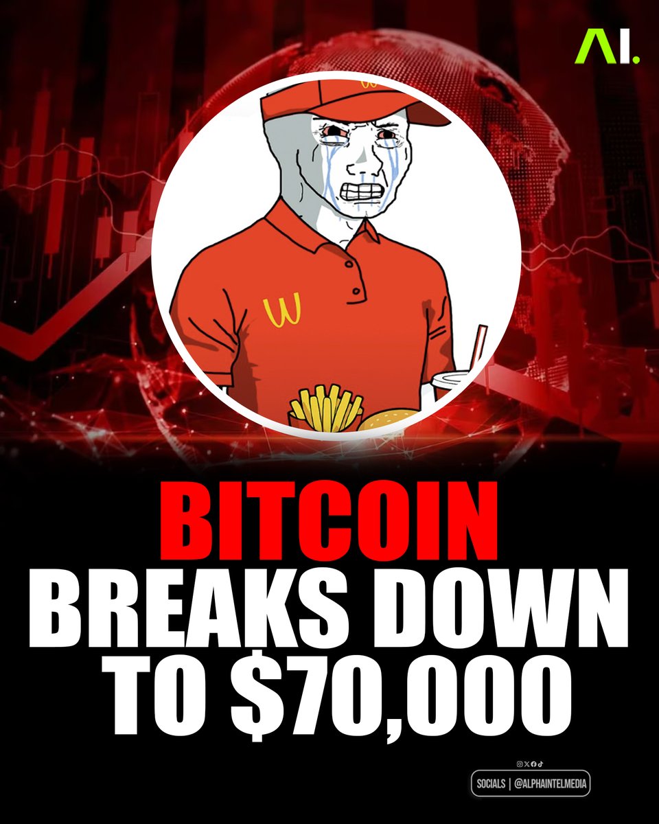 AlphaIntelMedia's tweet photo. Bitcoin slid hard tonight, briefly touching about $70,824 as a wider market selloff took hold. The move marks a steep fall from recent peaks above $126,000 and pushes total losses to more than 7% over the past 24 hours.

The selloff is being fueled by softening spot demand, a wave of forced long liquidations, renewed turbulence in the tech sector, and on-chain data pointing to bearish conditions and declining network participation.

Market participants are now focused on the $70,000 psychological support. A clean break below that level could open the door to a drop toward $60,000 or lower, though some investors see a deeper correction as a rare, long-term buying opportunity.