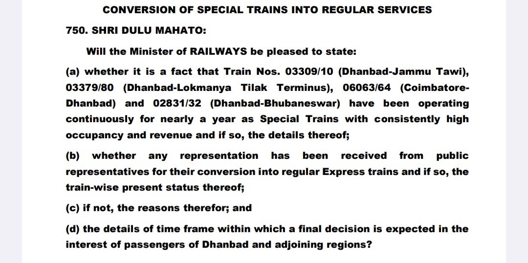 DhanbadKiTrain's tweet photo. 🚆 धनबाद रेल injustice : तथ्य, जवाब और ज़मीनी सच्चाई
लोकसभा प्रश्न संख्या 750 में पूछा गया कि
➡️ धनबाद से चलने वाली कई लंबी दूरी की ट्रेनें लगभग एक साल तक लगातार “स्पेशल” के रूप में चलीं, और इनमें
यात्री संख्या व राजस्व बहुत ज़्यादा रहा:
• 03309/10 – धनबाद–जम्मू तवी
• 03379/80 – धनबाद–लोकमान्य तिलक (मुंबई)
• 06063/64 – कोयंबटूर–धनबाद
• 02831/32 – धनबाद–भुवनेश्वर
❓ फिर भी इन्हें नियमित ट्रेन क्यों नहीं बनाया गया?
🚆 रेलवे का जवाब क्या कहता है?
रेलवे का दावा है कि “धनबाद पहले से सर्व्ड है”—
• जम्मू सेक्टर – 2 ट्रेन (कोलकाता/सियालदह से चलने वाली)
• मुंबई सेक्टर – 1 ट्रेन (हावड़ा–CSMT)
• कोयंबटूर सेक्टर – सिर्फ़ 1 ट्रेन (13351/52)
• भुवनेश्वर सेक्टर – ❌ कोई नियमित ट्रेन नहीं
❗ पूरी ज़मीनी सच्चाई (जो @AshwiniVaishnaw जी के जवाब में छुपाई गई)
• Mumbai सेक्टर में CIC route (धनबाद– बरकाकाना singrauli लाइन) से कोई भी ट्रेन नहीं है
• दिखाई गई मुंबई ट्रेन हावड़ा से चलती है, धनबाद की ओरिजिन ट्रेन नहीं।
• 13351/52 धनबाद–अलप्पुझा एक्सप्रेस हमेशा ओवरक्राउडेड, WL 100–300+
• जनरल कोचों में रोज़ भीड़, यात्रियों की मजबूरी
• 27 लाख आबादी वाला कोयला-औद्योगिक शहर
– साउथ इंडिया: सिर्फ़ 1 ट्रेन
– मुंबई (CIC route): ❌ शून्य
– भुवनेश्वर: ❌ शून्य नियमित ट्रेन
⚖️ सवाल बिल्कुल साफ़ है
जब— ✔️ मांग साबित हो चुकी है
✔️ स्पेशल ट्रेनें महीनों चली हैं
✔️ राजस्व अच्छा है
तो ❓ धनबाद को नियमित ट्रेन देने में देरी क्यों?
📢 हमारी स्पष्ट मांग
🔹 धनबाद–लोकमान्य तिलक (मुंबई) को CIC route से नियमित ट्रेन दी जाए
🔹 कोयंबटूर–धनबाद स्पेशल को तुरंत नियमित किया जाए
🔹 धनबाद–भुवनेश्वर को स्थायी एक्सप्रेस ट्रेन मिले
🔹 धनबाद जम्मू 03309 को नियमित किया जाय
@PMOIndia @AshwiniVaishnaw जी याद रखिए- #NoTrainNoVote