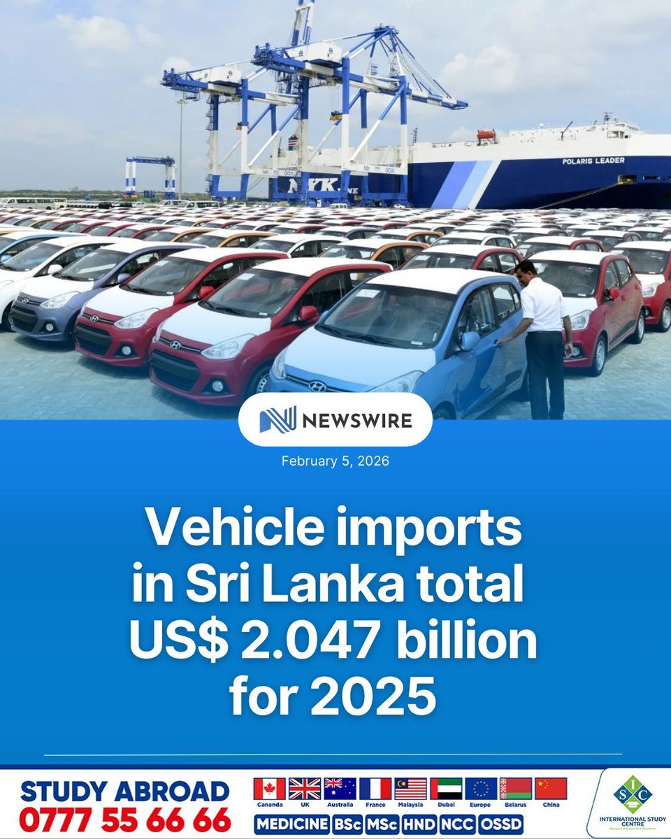 Sri Lanka’s vehicle imports hit US$ 2.047 billion in 2025, as personal and commercial vehicle imports surged following the government’s lifting of the five‑year import ban in February, with December alone reaching US$ 301 million, according to CBSL data.