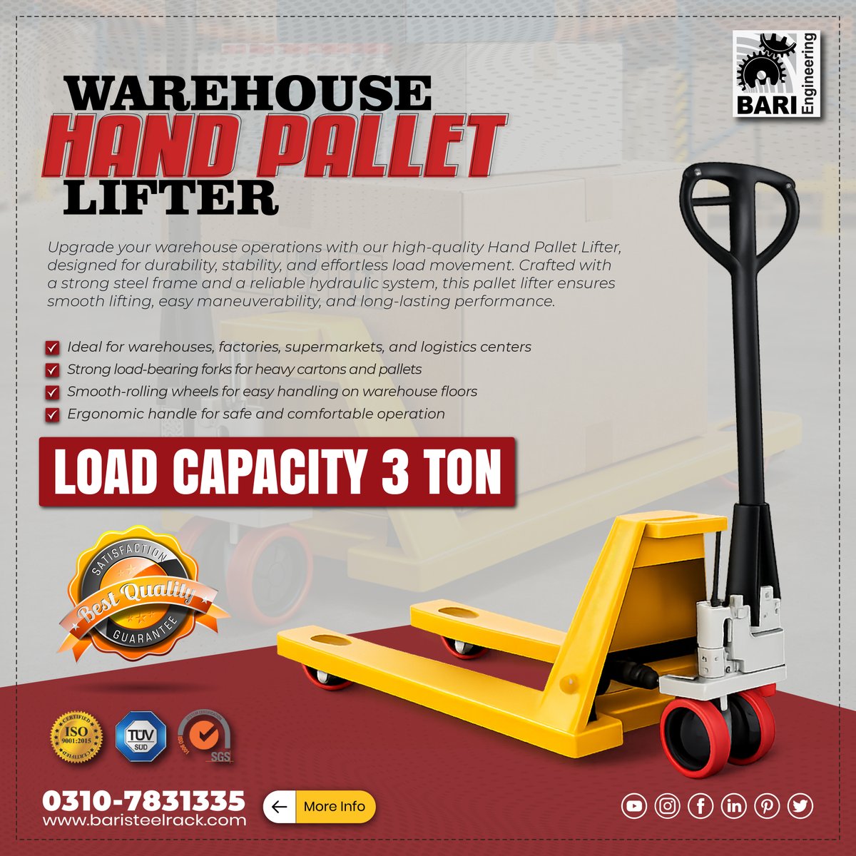 BariEngineering's tweet photo. At 𝐁𝐚𝐫𝐢 𝐄𝐧𝐠𝐢𝐧𝐞𝐞𝐫𝐢𝐧𝐠, we deliver durable and efficient Warehouse Hand Pallet Lifters for seamless material handling across Pakistan’s industrial sector.
#HandPalletLifter
#IndustrialTools
#logisticssolution
#bariengineeirng
#pakistanno1rackmanufacturer https://t.co/HVdp8Xjbnc