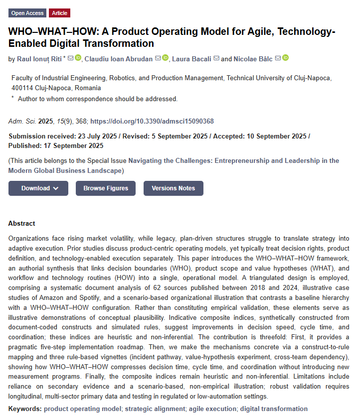 AdmSci_MDPI's tweet photo. 🎉 Call for Reading:

"WHO–WHAT–HOW: A Product Operating Model for Agile, Technology-Enabled Digital Transformation"

🔗 Full Text: https://t.co/55bZbdcYmO

📚 Special Issue: https://t.co/EItpEe63VG
 
#productoperatingmodel #strategicalignment #agileexecution https://t.co/XEAhdCUnXx