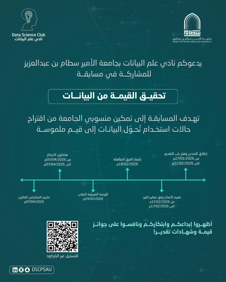 DSClubPSAU's tweet photo. يدعو نادي علم البيانات جميع الطلاب والمهتمين إلى المشاركة الفاعلة، واستثمار هذه الفرصة لإبراز أفكارهم، وتنمية مهاراتهم، والمساهمة في مبادرات نوعية تخدم الجامعة والمجتمع.

📌 للتسجيل:
🔗 https://t.co/Ck4Jo3D5op

معًا نحو قرارات أذكى وقيمة أعلى من البيانات https://t.co/gM04Iu00ks