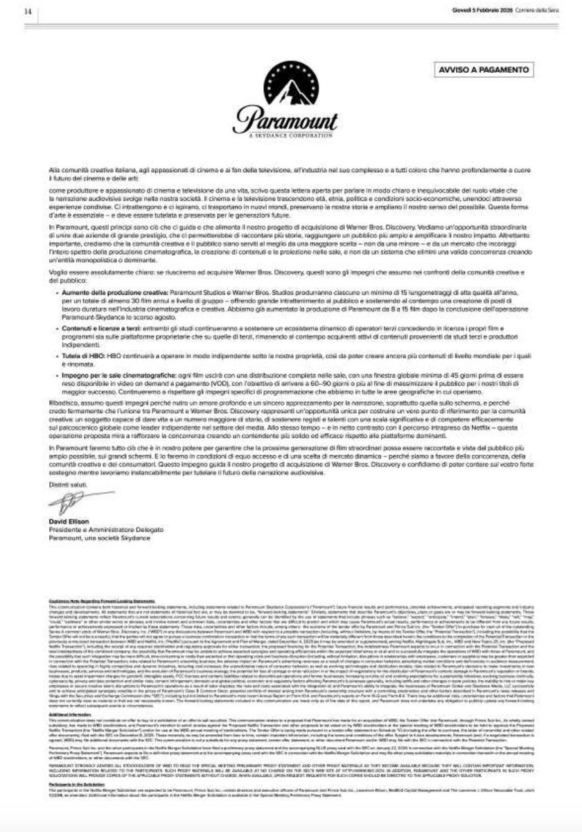 Claplaz's tweet photo. Paramount si compra una pagina sul Corriere della sera e spiega perché sarebbe meglio che Warner Bros Discovery fosse comprata da loro e non da Netflix.... https://t.co/WPv89eCjOI