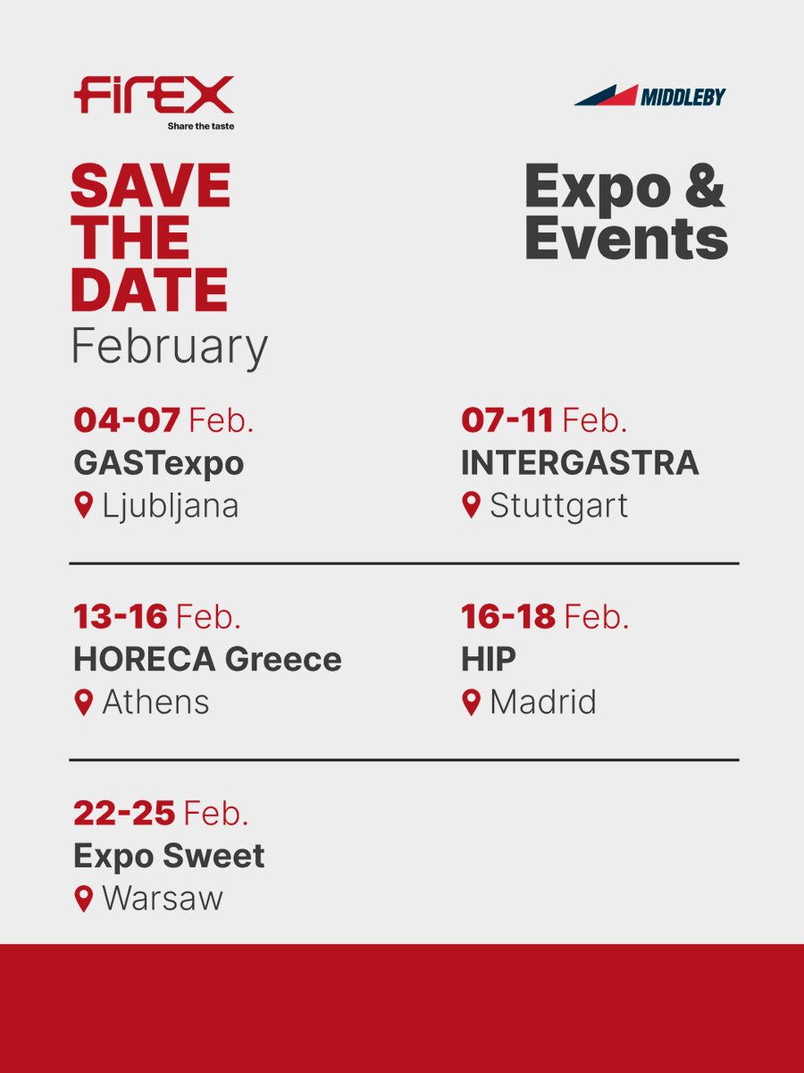 What a busy February for #Firex
Come and discover our solutions with live demos:
• GASTexpo – Ljubljana
• INTERGASTRA – Stuttgart
. HoReCa Greece - Athens
• HIP – Madrid
• EXPO SWEET – Warsaw
👉🏽Visit our website to keep up to date with our events: firex.com/en/firex-event…