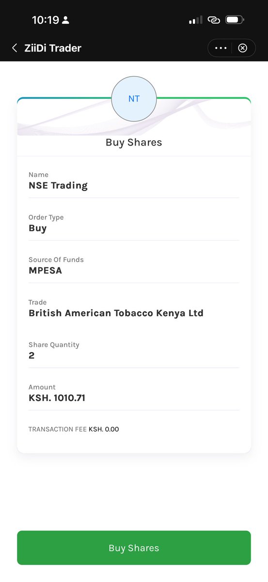 I am now a proud shareholder of BAT courtesy of Ziidi Trader. 

Trade successful. You bought 2 BAT.O0000 worth KSh 994.00. View in your portfolio. Ref UB59D5XF1E.