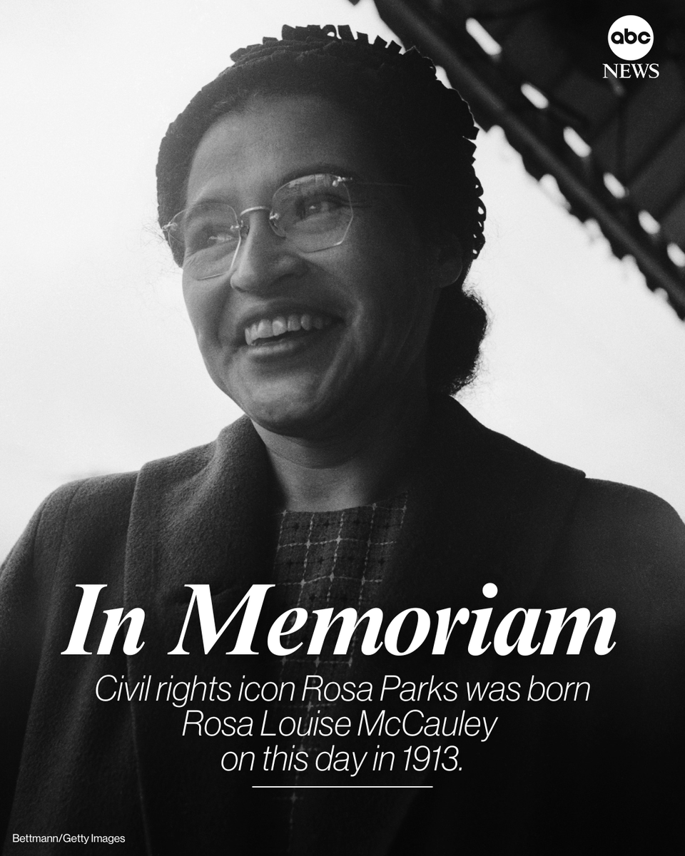 IN MEMORIAM: Remembering Rosa Parks, a Black woman whose 1955 refusal to give up her seat on an Alabama city bus to a white man sparked a civil rights revolution, born on this day in 1913. abcnews.link/Hxkxw78