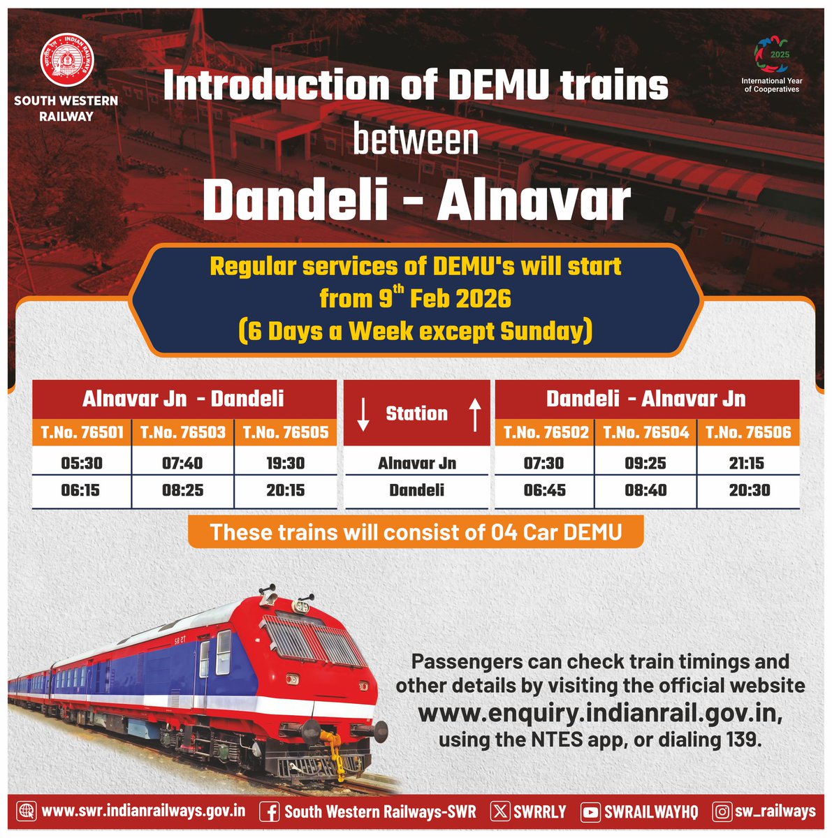 SWRRLY's tweet photo. Connecting people, powering progress 🚆

Introduction of new DEMU services between Dandeli–Alnavar, improving access, convenience, and regional rail connectivity.
#SWRupdates https://t.co/KXTNTYonxr