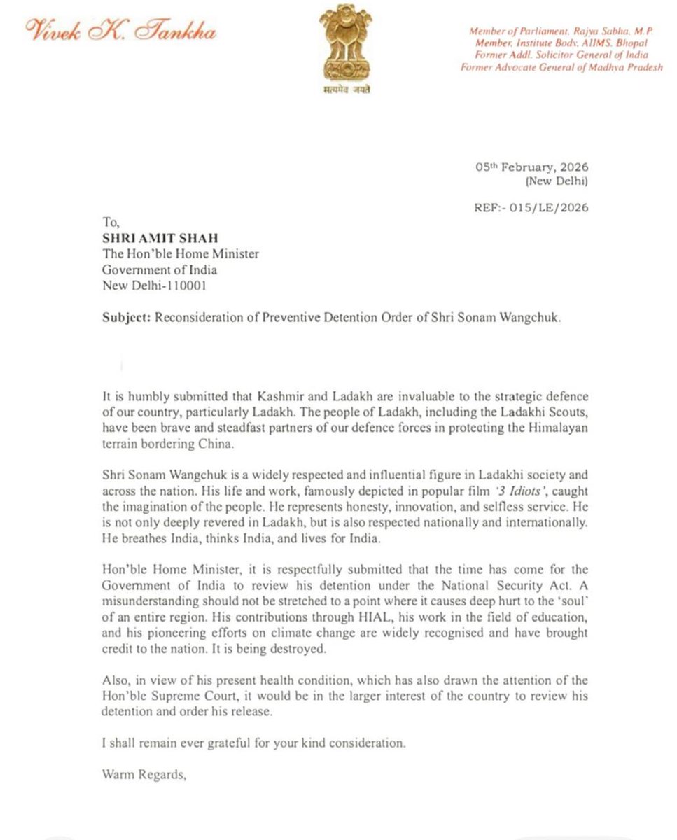 A letter appeal to ⁦<a href="/AmitShah/">Amit Shah</a>⁩ ji ⁦<a href="/HomeMinistr2024/">Home Ministry Of India</a>⁩ to end the prolonged detention of ⁦<a href="/Wangchuk66/">Sonam Wangchuk</a>⁩ at the earliest ; a good man &amp; an icon of Ladhak. Admired outside to. He is also not well. HM do it in public interest. ⁦<a href="/PMOIndia/">PMO India</a>⁩ ⁦<a href="/GitanjaliAngmo/">Gitanjali J Angmo</a>⁩