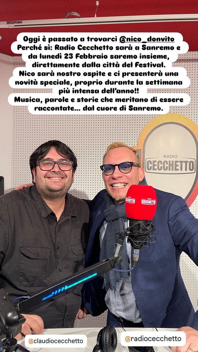 alexin_real's tweet image. @NicoDonvito é passato a trovarci a #radiocecchetto 

E da lunedì 23 sarà con me in onda a raccontare una bellissima novità che lo riguarda!
#sanremo2026 #alexin #claudiocecchetto