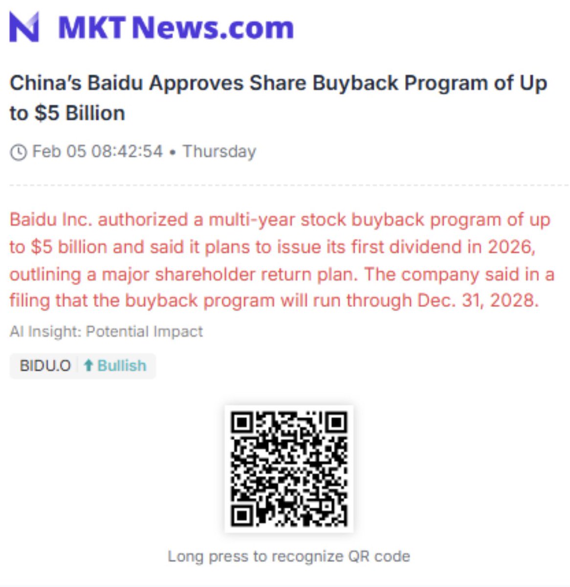 $BIDU approves $5 Billion Buyback program

Market Cap of $48B

+10% bounce incoming 🤙🏻

ALSO plans to issue first Dividend in 2026

Chinese ADRs delivering when it is needed