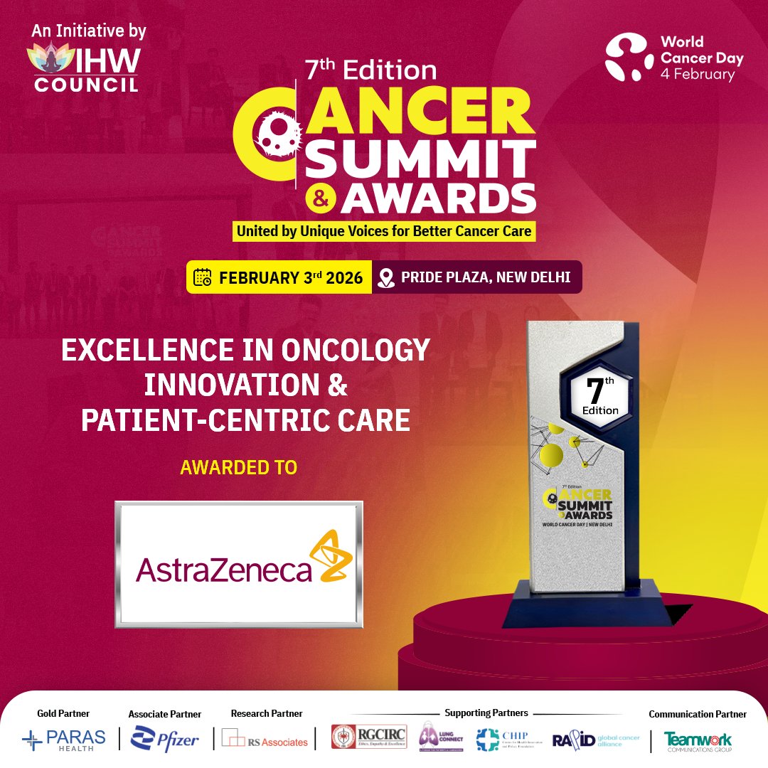 IHWCouncil's tweet photo. At the 7th Cancer Summit & Awards 2026, @AstraZenecaIn received the Excellence in Oncology Innovation & Patient-Centric Care Award.
For advancing science-led cancer innovation grounded in access, safety, and patient outcomes.
#WorldCancerDay #CancerSummit2026 https://t.co/Pb5rakDoJZ