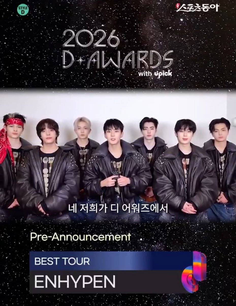 ENHYPEN wins 'Best Tour' at 2026 D Awards.