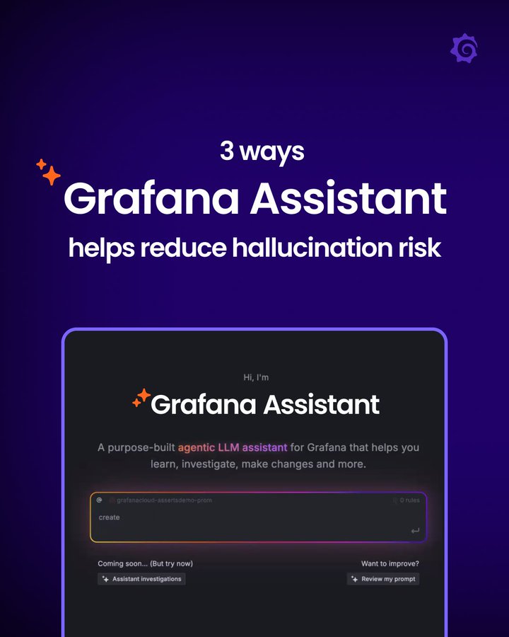 🤖AIの「ハルシネーション」は避けられないのも事実。
では、オブザーバビリティ領域でAIを信頼するには？

Grafana Assistantは3つのアプローチで対処します：
✅実際のテレメトリデータに基づいて回答（LLMの推論ではない）
✅実行したクエリ・データソース・推論過程をすべて開示