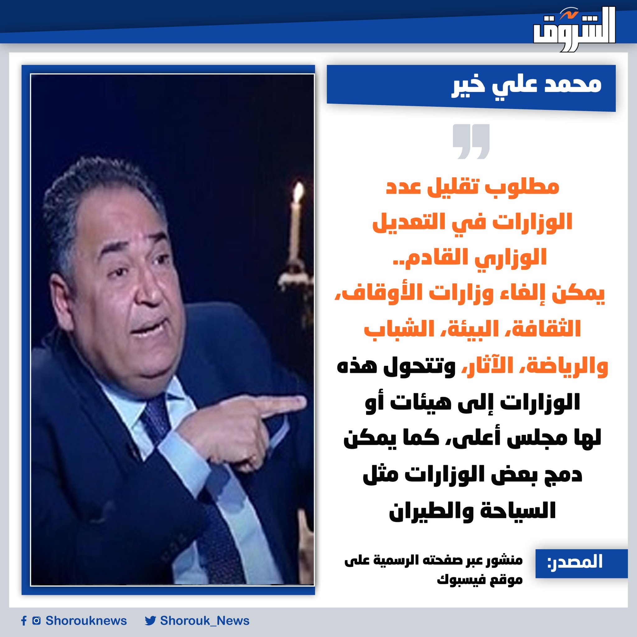 محمد علي خير: مطلوب تقليل عدد الوزارات في التعديل الوزاري القادم.. يمكن إلغاء وزارات الأوقاف، الثقافة، البيئة، الشباب والرياضة، الآثار، وتتحول هذه الوزارات إلى هيئات أو لها مجلس أعلى، كما يمكن دمج بعض الوزارات مثل السياحة والطيران 