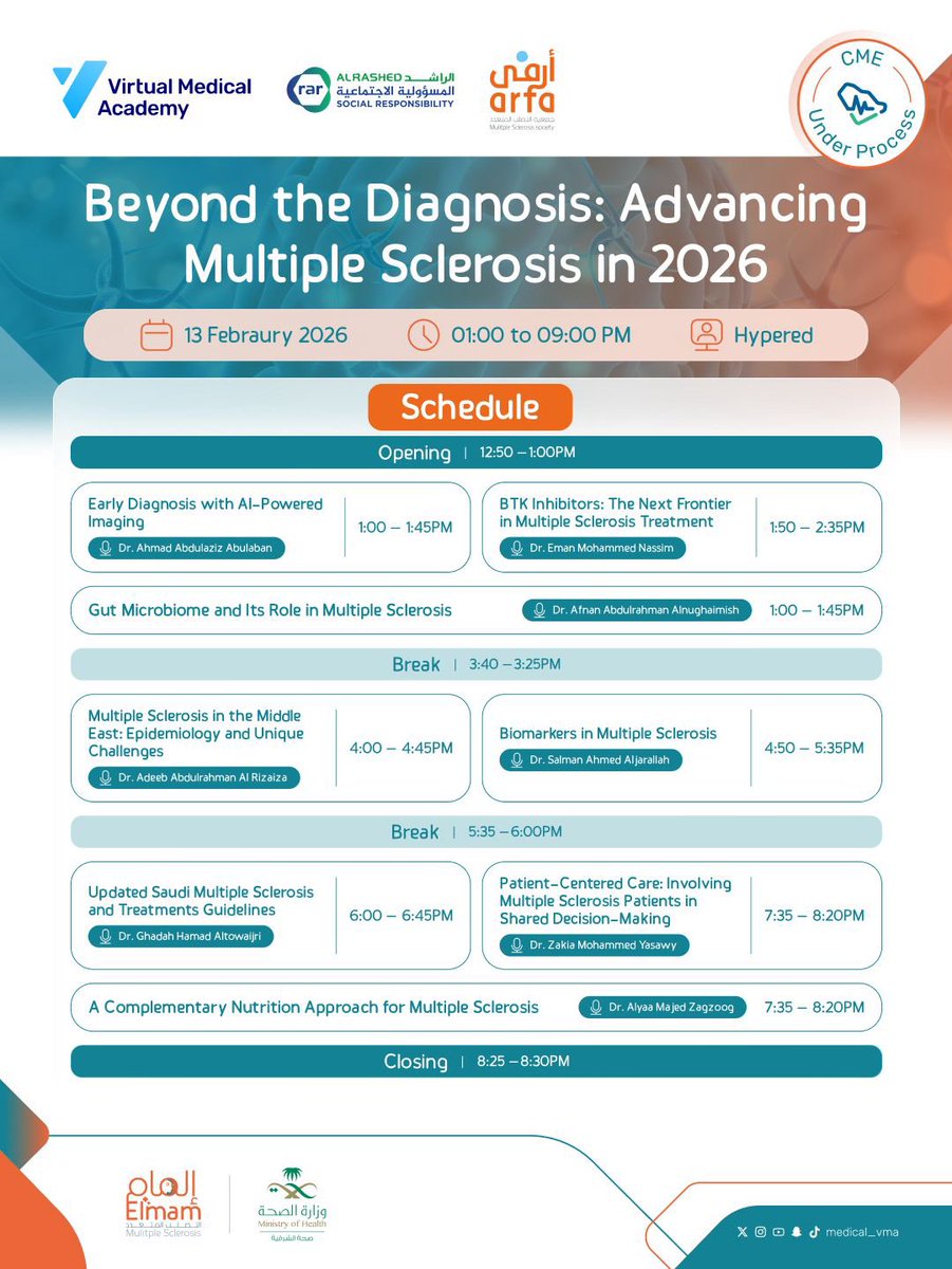 ندوة علمية متخصصة تناقش #التصلب_المتعدد من منظور شامل، وتستعرض أحدث المستجدات العلمية في التشخيص والرعاية

🗓️ 13 فبراير 2026
📍 افتراضيًا وحضوريًا في فندق كمبنسكي- الخبر

سجل الآن| bit.ly/49W2B8z

الراعي الرسمي| <a href="/AlRashedGrp/">Rashed A. Al Rashed & Sons Co.</a> 
#CME
